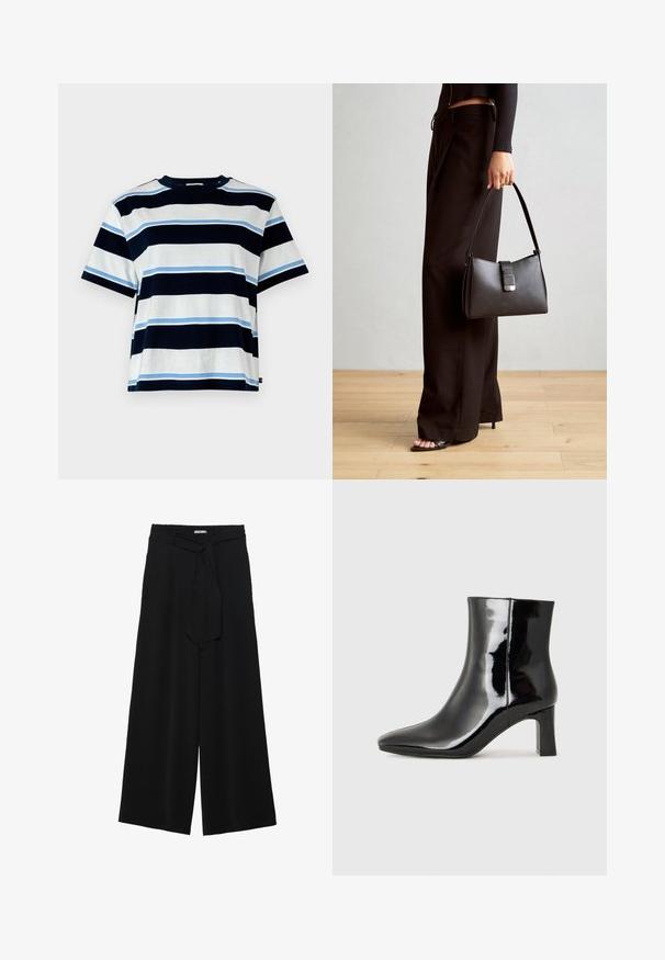 T-shirt met korte mouwen met horizontale strepen in marineblauw, lichtblauw en wit. Gemaakt van zachte katoen, met een ronde halslijn en een ontspannen pasvorm.; Zwarte wijde broek van textuurstof, met een elastische tailleband en een afneembare sjaalstrik in de taille voor een verstelbare pasvorm.; Zwarte gepolijste leren enkellaars met een spitse neus en een blokhak van gemiddelde hoogte. Glad textuur en minimalistisch ontwerp.; Zwarte handtas met gestructureerde vorm, gladde textuur en een metalen sluiting. Gecombineerd met brede zwarte broeken en sandalen met open teen op een houten vloer.