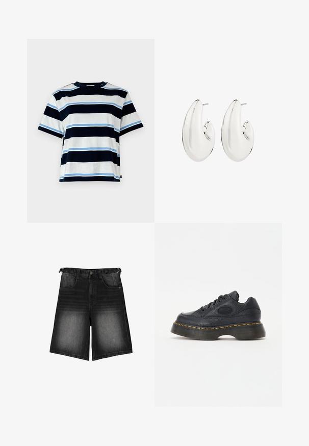 T-maica kratkih rukava s horizontalnim prugama u tamnoplavoj, svijetloplavoj i bijeloj boji. Izrađena od mekane pamučne tkanine, s okruglim izrezom i opuštenim krojem.; Crni traper šorts s izblijedjelim završetkom, pet džepova, zatvaranjem na dugme i petljama za remen. Tkanina ima glatku teksturu.; Crne kožne tenisice s teksturiranom površinom, okruglim nosom i debelim platformam. Imaju žute akcentne šavove i brandirani bočni logo.; Srebrne naušnice s izduženim, zakrivljenim dizajnom. Glatka, refleksivna površina s probušenom pozadinom.