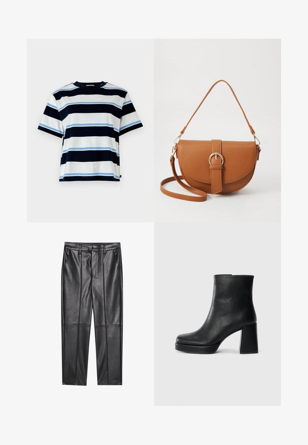 T-shirt de manga curta com riscas horizontais em azul marinho, azul claro e branco. Feita de algodão macio, apresenta um decote redondo e um ajuste descontraído.; Calças de pele preta com uma textura suave, apresentando um ajuste reto, dois bolsos frontais e detalhes de costura visíveis.; Bota de couro preta até ao tornozelo com salto bloco e sola com plataforma, vista de lado sobre um fundo branco liso.; Bolsa transversal de couro castanho com um formato curvado, ferragens douradas e um detalhe de fivela. Inclui uma alça de ombro destacável.
