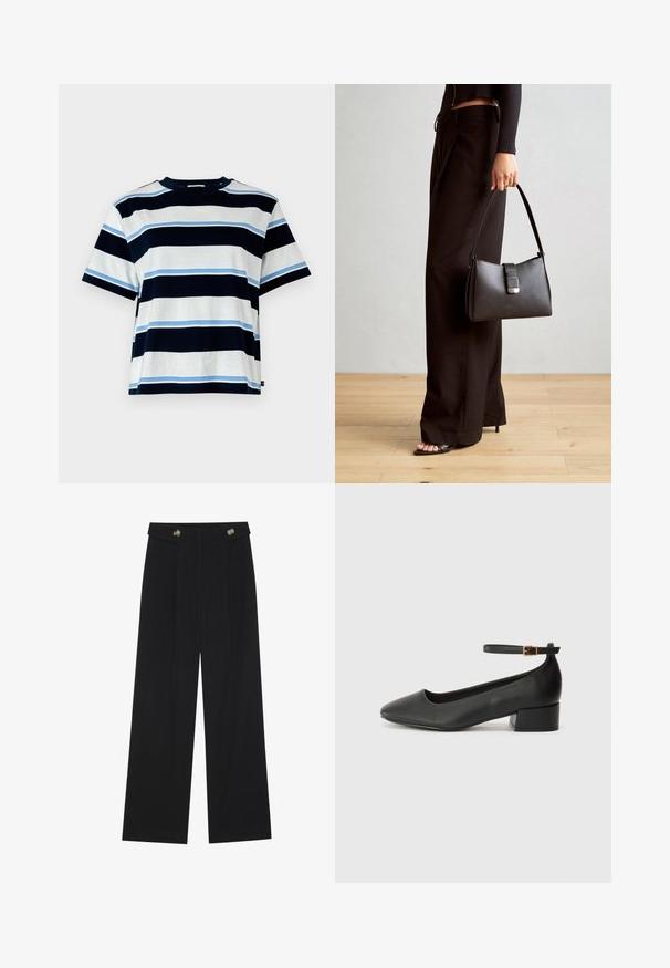 Short-sleeve T-shirt with horizontal stripes in navy, light blue, and white. Made of soft cotton, featuring a crew neckline and relaxed fit.; Black wide-leg trousers with high waist, button details on waistband, and front pleats.; Black leather pump with a pointed toe and a low block heel. Features an ankle strap with a gold-tone buckle. Smooth texture.; Black handbag with structured shape, smooth texture, and a metallic clasp. Paired with wide black pants and open-toe sandals on wooden floor.