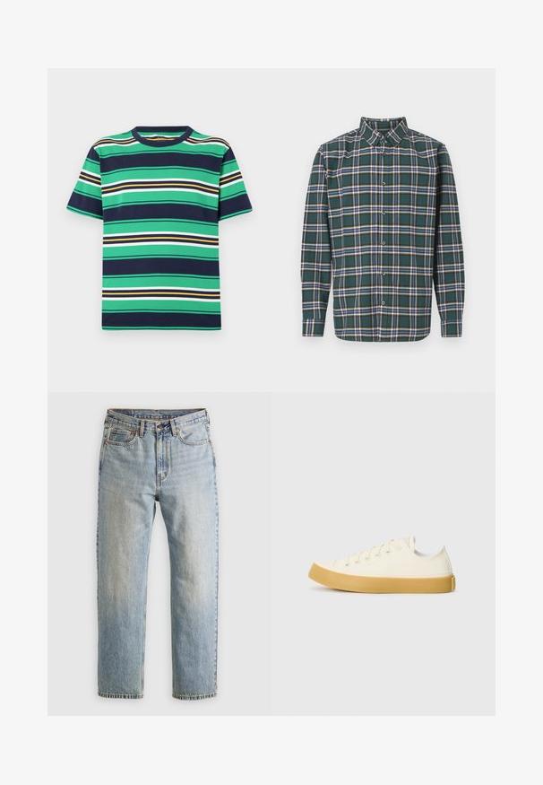 Īsām piedurknēm T-krekls ar horizontālu svītru dizainu zaļā, jūras zilā, baltā, dzeltenā un melnā krāsā. Apaļa kakla izgriezums, standarta pielāgojums un kokvilnas materiāls.; Zaļš flaneļa krekls ar ietērpu, kurā ir zila, balta un sinepju dzeltena krāsa. Ar pogām aizdaram un uzgaļotām apkaklēm. Garas piedurknes.; Gai zila denima bikses ar augstu jostasvietu, priekšējo pogu, rāvējslēdzēju un piecu kabatu dizainu, izlīdzinātas uz neitrāla fona.; Kanvasas tenisa apavi ofē un balta krāsā ar apaļu purngali, ar beicu gumijas zole un piecām acīm šņorēšanai, teksturēta virsma augšdaļā.