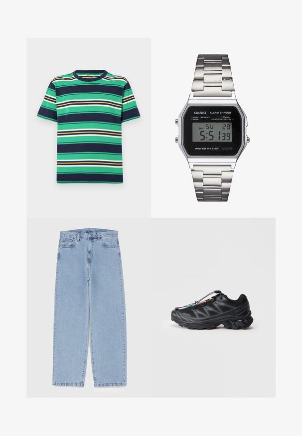 Trumpas rankovės marškinėliai su horizontaliomis juostelėmis žalia, tamsiai mėlyna, balta, geltona ir juoda spalvomis. Apvalus iškirpimas, standartinis pjūvis ir medvilnės medžiaga.; Šviesiai mėlyni džinsai su tiesiomis kojomis, turintys vidutinio aukščio juosmenį, penkias kišenes ir mygtuko bei užtrauktuko uždarymą.; Juodi sportiniai batai su tekstūruota tinklelio viršūne, sustiprinta pirštų dalimi ir greito raištelio sistema. Yra tvirtas padas ir šiek tiek pakelta kulno dalis.; Skaitmeninis Casio laikrodis su juodu ciferblatu, sidabriniu nerūdijančio plieno dirželiu, stačiakampiu korpusu ir mygtukais šviesai, ratui atstatyti ir režimų keitimui.