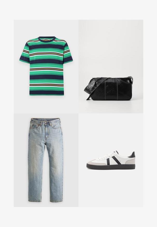 Short-sleeve t-shirt featuring horizontal stripes in green, navy, white, yellow, and black. Round neckline, standard fit, and cotton material.; Light blue denim jeans with high waist, front button, zipper, and five-pocket design, laid flat on a neutral background.; White sneaker with black and gray accents, featuring a textured gray toe cap, black rubber sole, and flat white laces. Clean design, minimalist style.; Black leather shoulder bag with a zip closure, featuring a textured body, white stitching, and a strap with silver grommets.