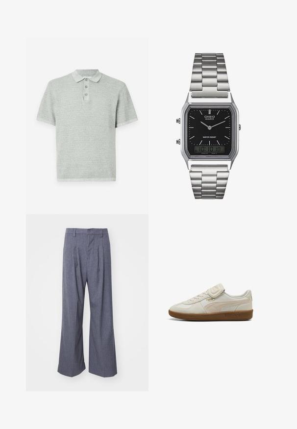 Polo tričko s krátkým rukávem v světle šedé barvě, vyrobené z texturovaného materiálu. Má límeček s třemi knoflíky a rovný lem.; Šedé pruhované kalhoty s širokým střihem, zdobené sklady na přední straně a hladkou texturou. Žádné viditelné doplňky nebo akcenty.; Bílé kožené tenisky s texturovanými akcenty, gumovou podrážkou a zlatým logem. Obsahují tkaničky a suchý zip pro zapínání.; Stříbrné nerezové ocelové hodinky s quartzovým strojem a černým obdélníkovým ciferníkem, které mají analogové ručičky, digitální displej a označení voděodolnosti.