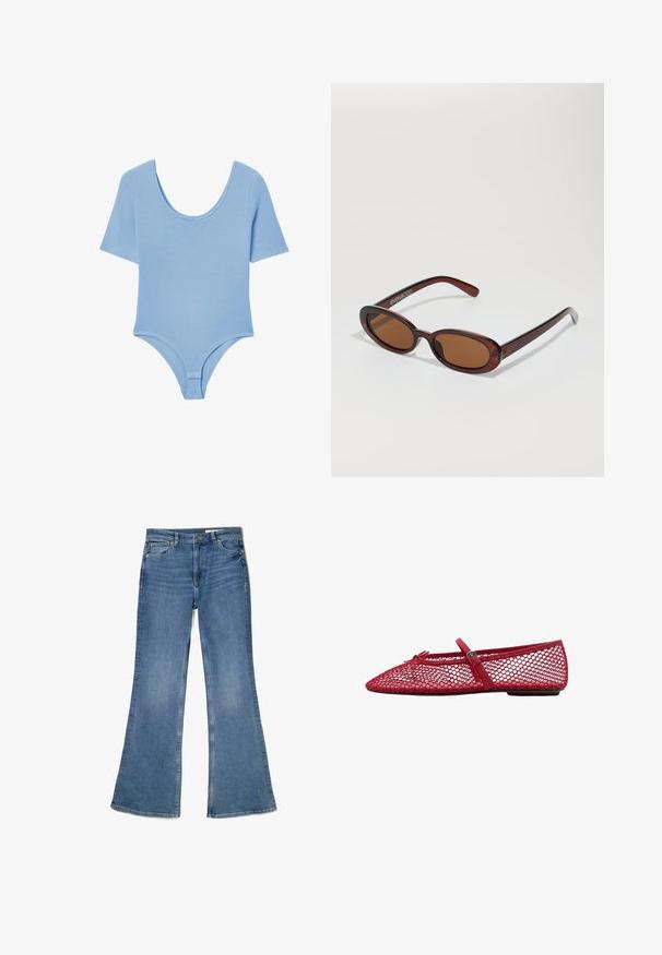 Body azzurro chiaro con maniche corte, scollo a barca e chiusura a scatto sul fondo. Realizzato in tessuto morbido e elastico.; Jeans a zampa d'elefante in denim, con vita media, cinque tasche e una texture scolorita con dettagli di cucitura lungo le cuciture.; Ballerine in rete rossa con punta affusolata, dotate di una sottile cinghia e dettaglio a fibbia. La parte superiore presenta un motivo aperto a nido d'ape.; Occhiali da sole rotondi con tonalità marrone, montatura lucida color bordeaux. Aste sottili con un sottile dettaglio del marchio. Design delle lenti piatte.