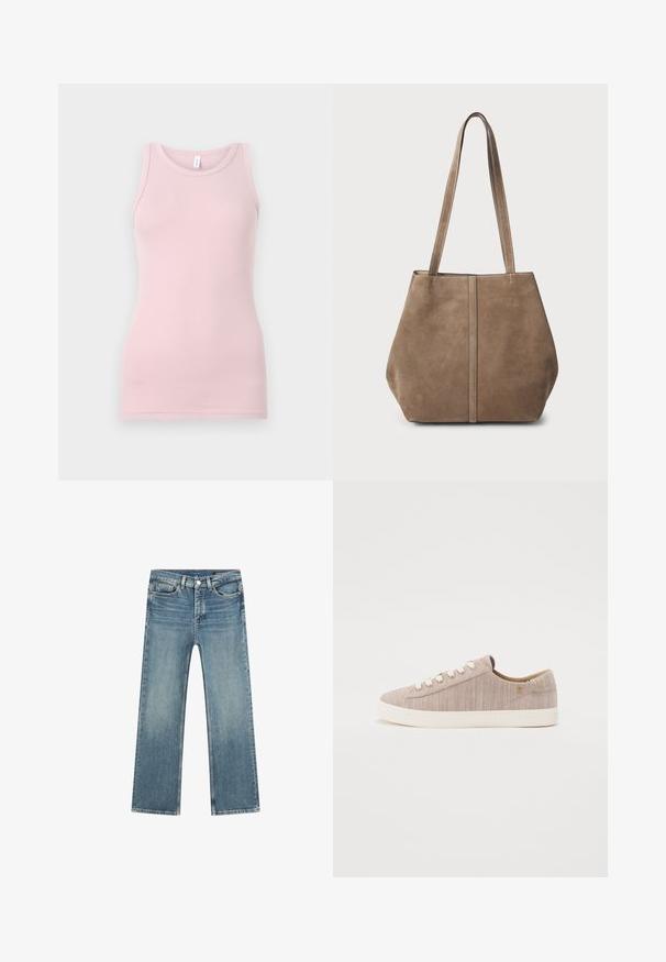 Hellrosa Tanktop aus weichem, dehnbarem Stoff. Es hat einen runden Halsausschnitt und schmale Träger, mit einer glatten Textur und einer figurbetonten Passform.; Helle blaue Jeans aus Denim mit geradem Schnitt, Fünf-Taschen-Design und Kontrastnähten. Enthält einen Reißverschluss und einen Metallknopfverschluss.; Hellbeige Leinenschuhe mit einer strukturierten Oberfläche, runder Zehenpartie, weißen Ösen und einer crèmefarbenen Gummisohle. Minimalistisches Design mit dezenten Akzenten.; Braune Wildleder-Tote-Tasche mit zwei langen Griffen, vertikalen Nahtdetails an der Vorderseite und einer weichen Textur. Geräumiges Design, das sich für den täglichen Gebrauch eignet.