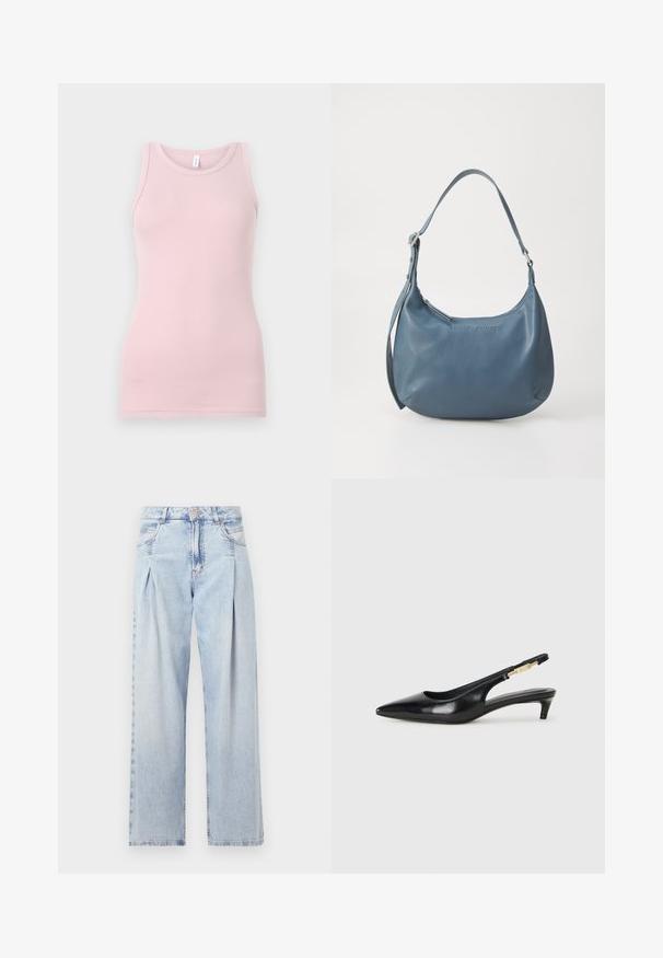 Heled roosa tanki ülemus, mis on valmistatud pehmest ja elastsetest kangast. Omab ümmargust kaelust ja kitsaid õlgu, sileda tekstuuri ja kehaümberkujundavat lõiget.; Heledad sinise denimist valmistatud teksapüksid kõrge vöökohaga, laia jala lõikega, kahe külje taskuga ja pleedi disainiga. Pehme tekstuur ja pleekinud viimistlus.; Mustad nahast slingback kontsad terava ninaga, millel on õhuke konts ja kuldse tooni aktsent reguleeritaval rihmal. Sile tekstuur.; Sinine nahast käsipadi ümarate vormidega, ühe õlapaela, tõmblukuga ja esiküljel reliefse brändinimega. Sile tekstuur.