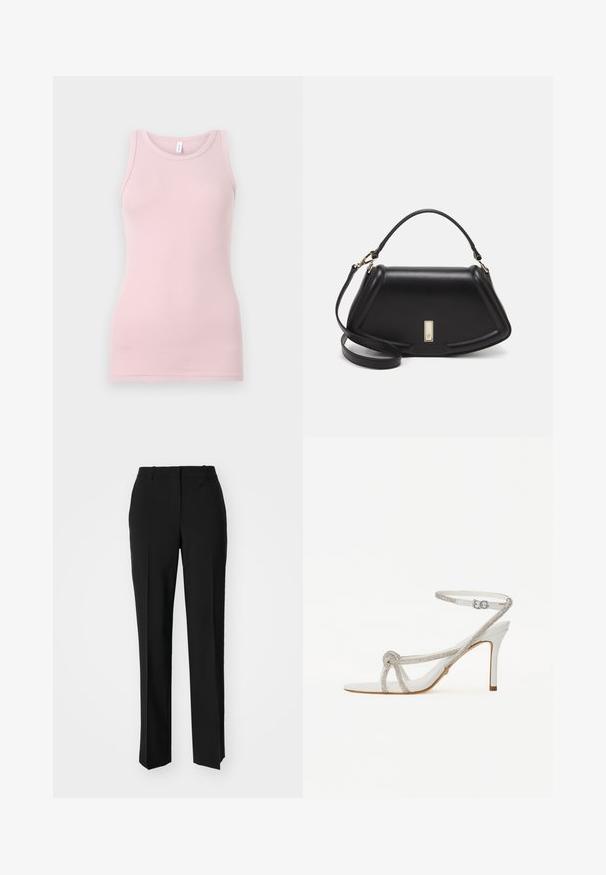 Top sin mangas de color rosa claro, hecho de una tela suave y elástica. Presenta un escote redondo y tirantes estrechos, con una textura suave y una forma ajustada.; Pantalones negros ajustados con un diseño de pierna recta, que presentan una textura suave y pliegues nítidos en el frente. Sin herrajes visibles.; Sandalía blanca de tacón alto con una tira texturizada que cuenta con strass, diseño de punta abierta y correa para el tobillo con hebilla ajustable.; Bolso de mano de cuero negro con un diseño estructurado, que presenta una forma recortada, asa superior y acentos en dorado. Correa de hombro ajustable incluida.