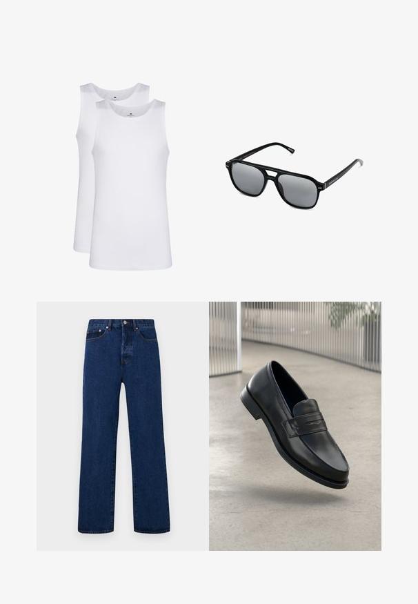 Valkoiset puuvillaiset hihattomat topit, pyöreä pääntie, yksinkertainen kuvio, pehmeä ja kevyt kangas. Kaksi kappaletta esillä.; Tummansiniset farkut suoranlahkeisella leikkauksella, joissa on oranssia ompelua, napitettava sulku ja kaksi etutaskua erottuvilla niiteillä.; Mustat nahkaiset loaferit, joissa on sileä pinta, kärjekäs kärki ja koristeellinen remmi jalkapöydän yli. Kevyt pohja, minimalistinen muotoilu.; Mustat aurinkolasit suorakulmaisilla kehyksillä, harmaasävyisillä linsseillä ja siltaleikkauksella. Tyylikäs, kiiltävä muovimateriaali, kapeilla temppeleillä.