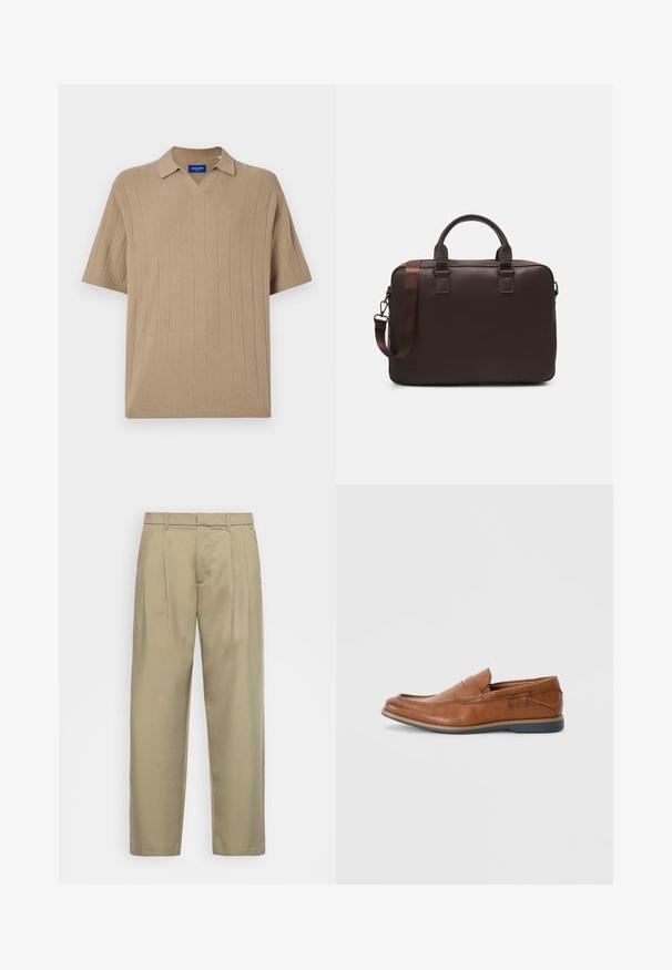Jack & Jones JORVARENNA SPLIT NECK - Polotričko - silver sage; Beige kalhoty s vysokým pasem a rovnýmlíčkem, s plochým předním dílem, bočními kapsami a hladkým, strukturovaným materiálem.; Hnědé kožené mokasíny s kulatou špičkou, prošívanými detaily a nízkou gumovou podrážkou. Design zahrnuje pásek přes vrch.; Hnědá kožená taška na laptop s texturovaným povrchem, dvojitými horními uchy, nastavitelným popruhem a dvěma předními přezkami pro další detaily.