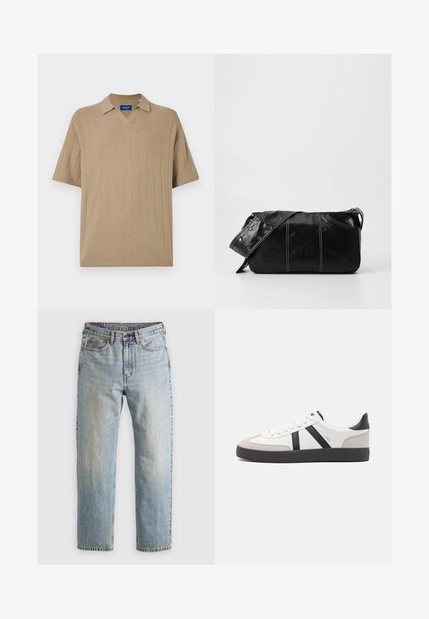 Jack & Jones JORVARENNA SPLIT NECK - Poloshirts - silver sage; Lysblå denim jeans med høj talje, frontknap, lynlås og fem-lomme design, lagt fladt på en neutral baggrund.; Hvide sneakers med sorte og grå detaljer, med en tekstureret grå tåhætte, sort gummisål og flade hvide snørebånd. Rent design, minimalistisk stil.; Sort læder skuldertaske med lynlås, der har en tekstureret overflade, hvid syning og en rem med sølvøskner.