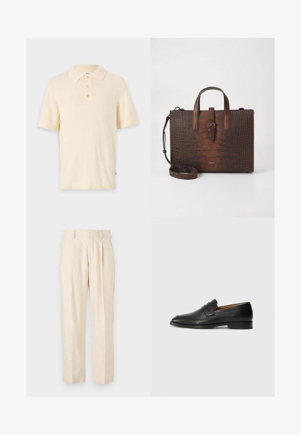 Krótka kremowa koszulka polo z fakturowanej tkaniny, klasycznym kołnierzykiem i trzyguzikowym zapięciem. Posiada krótkie rękawy oraz ściśnięte mankiety.; NN.07 KAY mleczny; Czarne skórzane mokasyny z zaokrąglonym noskiem, subtelnymi przeszyciami i niskim obcasem, charakteryzujące się gładką teksturą i minimalistycznym designem.; Brązowa torebka ze skórzanym tłoczeniem w kształt krokodyla, z górnymi uchwytami i odpinanym paskiem na ramię. Posiada zapięcie na klamrę i prostokątny kształt.