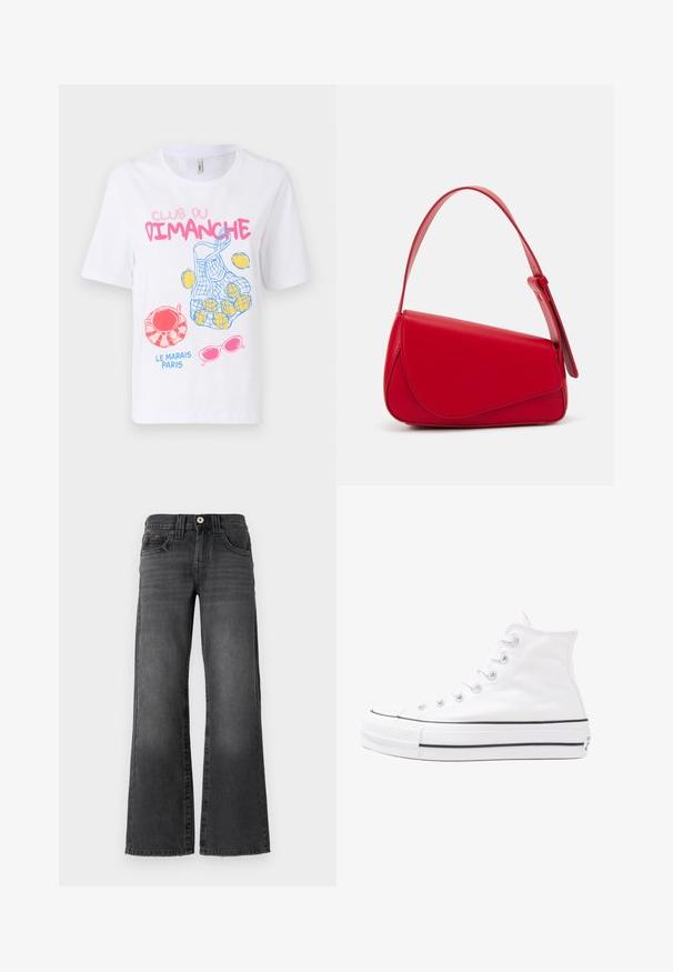 White cotton t-shirt featuring colorful graphics: a net bag with lemons, sunglasses, and text "CLUB DU DIMANCHE" and "LE MARAIS PARIS."; Wide-leg jeans in dark gray denim. Features five pockets, a button closure, and subtle fading on the fabric. Classic stitching accents.; White high-top canvas sneaker with black rubber sole, front rubber toe cap, and six eyelets for laces, featuring a clean, minimalist design.; Red leather handbag with an angular, geometric design. Features a single adjustable strap and a flap closure with stitched detailing.