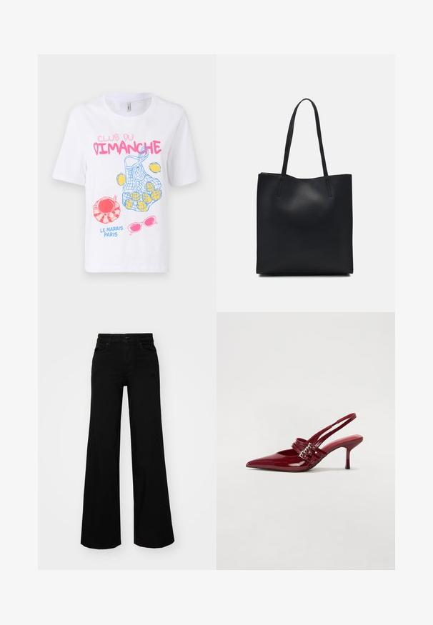 White cotton t-shirt featuring colorful graphics: a net bag with lemons, sunglasses, and text "CLUB DU DIMANCHE" and "LE MARAIS PARIS."; Black wide-leg pants made of denim, featuring a structured waistband, belt loops, and front pockets. Smooth texture with a classic design.; Red patent leather slingback heels with a pointed toe, two buckle straps, and a slim, mid-height stiletto heel. Smooth texture.; Black leather tote bag with smooth texture, rectangular shape, and two long handles. No visible hardware or embellishments.