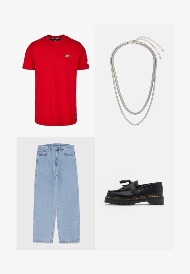 Piros pamut póló, kerek nyakkivágással, rövid ujakkal, és egy kis fekete logóval a bal mellrészen és az ujján. Sima, egyszínű anyag.; Világoskék farmernadrág egyenes szárú kivitelben, közepes derékkal, öt zsebbel, gombos és cipzáros záródással.; Fekete bőr mokaszin, rojtos díszítéssel, masszív fekete talppal és sárga varrással az élén. Texturált felület.; Háromrétegű ezüstszínű fém nyaklánc, letisztult, rugalmas láncokkal, enyhe fényességgel, homárkapoccsal rögzítve és állítható lánccal.