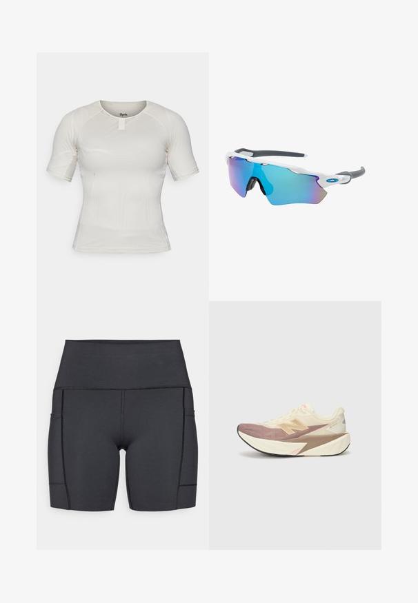 Krátky rukáv športový dres z ľahkej béžovej sieťoviny s okrúhlym výstrihom a detailom na prednej strane. Elastický, priliehavý dizajn pre pohodlie.; Čierne vysoké kraťasy vyrobené z elastického materiálu, s bočnými vreckami, plochými švami a hladkým povrchom pre pohodlie počas aktivít.; Bežecká obuv s krémovým horným dielom, s ružovými akcentmi a šedými detailmi. Má hrubú podrážku s textúrovaným povrchom a výrazným logom.; Slnečné okuliare s bielym rámom, so sivými akcentmi a modrými zrkadlovými sklami. Športový dizajn, okrúhly tvar a nastaviteľné nosové podložky.