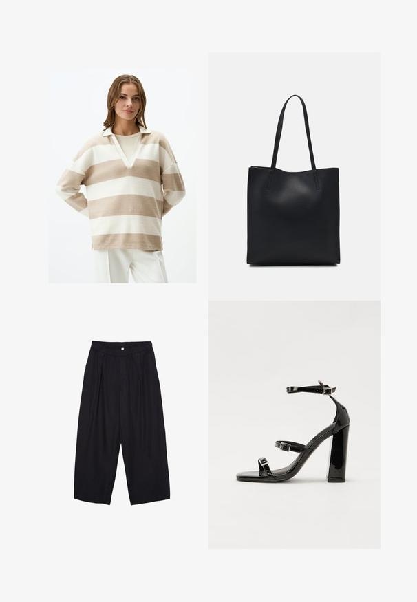 Beigefarbener und weiß gestreifter Pullover mit V-Ausschnitt und Kragen, aus weichem Material gefertigt. Hat eine lockere Passform und seitliche Schlitze am Saum.; Schwarze Polyester-Culotte mit einem elastischen Bund, zwei vorderen Falten und einer lockeren Silhouette. Keine sichtbaren Muster oder Hardware-Details.; Schwarze patentierte Sandalen mit Absatz, quadratischer Spitze, Knöchelriemen und silbernen Schnallen. Mit einem stabilen Blockabsatz für mehr Stabilität.; Schwarze Laptoptasche aus Leder mit glatter Textur, rechteckiger Form und zwei langen Griffen. Keine sichtbaren Beschläge oder Verzierungen.