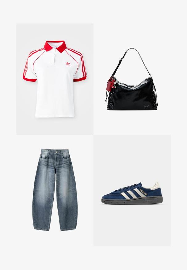 Biely polo tričko s červeným golierom a červenými trojpruhmi na pleciach. Má gombíkovú légou a malé červené logo na hrudi.; Džínsy s širokými nohavicami vyrobené z svetlomodrého denim materiálu s opotrebovaním, s piatimi vreckami, zapínaním na gombík a minimálnym prešívaním.; Námornícke semišové tenisky s bielymi pruhmi, zlatým detailom "Spezial", šedou textúrovanou podrážkou, zaoblenou špičkou a zladenými šnúrkami. Klasický dizajn.; Čierna kožená kabelka so uvoľneným dizajnom, šnurovaním po stranách a červenou akcentovou visačkou. Obsahuje dlhý nastaviteľný popruh.