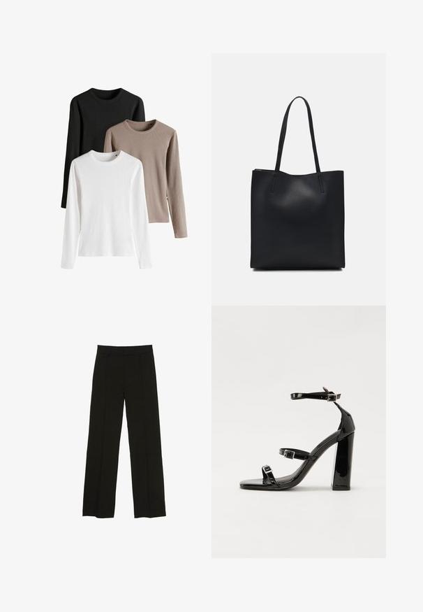 Trei bluze cu mânecă lungă în culorile negru, alb și bej deschis; textură cord, decolteu rotund și slituri laterale la tiv.; Pantaloni largi negri, confecționați dintr-un material fin, cu un talie ajustată și pliuri frontale subtile pentru un plus de textură.; Sandale cu toc din patent negru, cu vârf pătrat, curele la gleznă și catarame din argint. Dispune de un toc gros pentru stabilitate.; Geantă tote neagră din piele, cu textură netedă, formă rectangulară și două mânere lungi. Fără hardware vizibil sau ornamente.