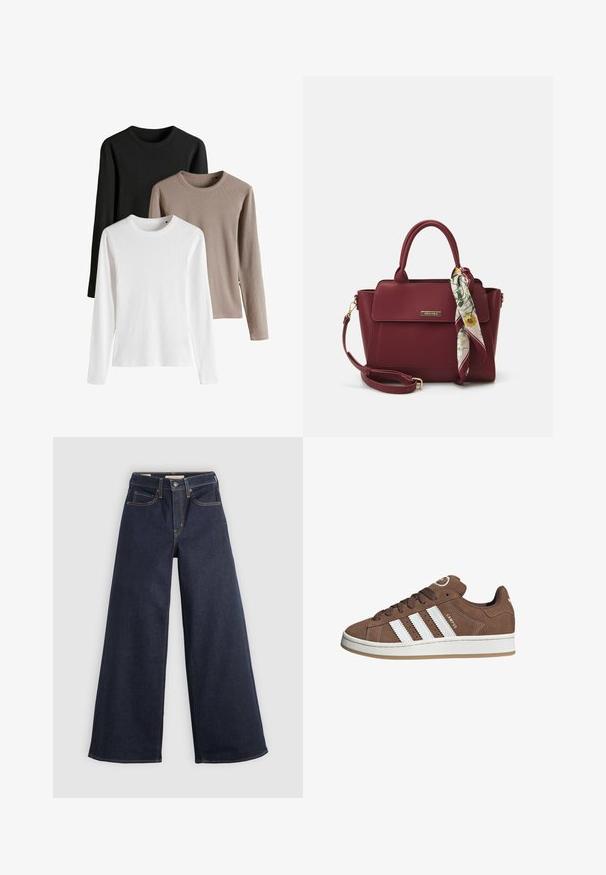 Drei langärmelige Oberteile in Schwarz, Weiß und Hellbraun; gerippte Textur, runder Ausschnitt und seitliche Schlitze am Saum.; Helle-bein Jeans aus Denim in Dunkelblau mit Kontrastnähten. Mit traditionellem Fünf-Taschen-Design und einem Knopfverschluss an der Taille.; Braune Wildledersneaker mit weißen Lederstreifen, Gummisohle, gerundetem Zehenbereich und Schnürung. Mit einem Logo auf der Zunge und perforierten Akzenten.; Burgunderfarbene Handtasche aus synthetischem Material mit strukturiertem Design, ausgestattet mit einem abnehmbaren Trageriemen und einem blumenmusternden Schal, der am Griff gebunden ist.