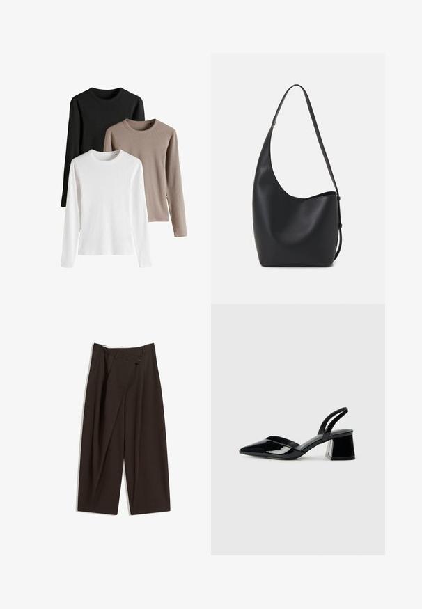 Tri dolgi rokavi v črni, beli in svetlo rjavi barvi; rebrasta tekstura, zaobljeni ovratniki in stranski raztrgi na robu.; Temno rjave široke hlače z visokim pasom, ki imajo en gumb za zapiranje in zamaščen sprednji del. Narejene so iz lahkega blaga.; Črne lakirane slingback pete s koničastim nosom in geometrijsko blokasto peto. Imajo eleganten, minimalističen dizajn in gladko teksturo.; Črna usnjena hobo torba z gladko teksturo, ukrivljeno obliko in eno nastavljivo naramnico; ima širok odprtina na vrhu.