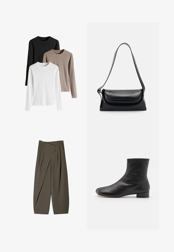 Tri dolgi rokavi v črni, beli in svetlo rjavi barvi; rebrasta tekstura, zaobljeni ovratniki in stranski raztrgi na robu.; Široki hlače iz temno olivno zelene tkanine, z nagubanimi sprednjimi deli, gumbom za zapiranje in sijajno, teksturirano površino.; MM6 Maison Margiela BOOT - Klasični gležnjarji - black; Črna usnjena torbica z oblikovano strukturo, gladko teksturo in eno naramnico. Opremljena je z diskretnim, zaobljenim pokrovom.