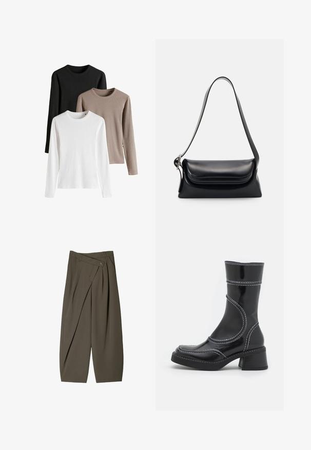 Tři dlouhé rukávy v černé, bílé a světle hnědé; žebrovaná struktura, zaoblené výstřihy a postranní rozparky na spodním lemu.; Široké kalhoty z tmavě olivově zelené látky, s plisovaným předním designem, knoflíkovým uzávěrem a lesklým, strukturovaným povrchem.; Černé lakované kotníkové boty s bílým prošíváním, kulatou špičkou a blokovým podpatkem. Charakteryzují se zakřivenými designovými liniemi a hladkým povrchem.; Černá kožená kabelka se strukturovaným tvarem, hladkým povrchem a jedním ramenním popruhem. Obsahuje jemně zaoblený design klopy.; Stříbrné kvartzové hodinky Casio s obdélníkovým ciferníkem, analogovým a digitálním zobrazením, nerezovým páskem a voděodolnými vlastnostmi.