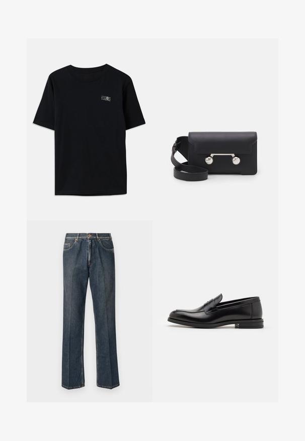 Juodas medvilninis marškinėliai trumpomis rankovėmis, apvaliu iškirpimu ir maža balta grafika su skaičiais kairėje krūtinės pusėje.; Tamsiai mėlynos tiesios kojos džinsai su priekiniais mygtukais, užtrauktuku, dviem priekinėmis kišenėmis ir matomomis vertikaliomis raukšlėmis nuo kelnių šonų.; Juodos odinės loafers, turinčios lygų paviršių, apvalią noselę ir dekoratyvinę juostą per priekinę dalį. Žemas krentantis kulnas, minimalistinis dizainas.; Juodas odinis kryžminis krepšys su sklendės uždarymu, sidabro spalvos detalėmis ir dviem apvaliais akcentais. Yra nusiimamas diržas. Lygus paviršius.