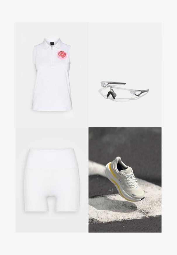 Hvit ermeløs polo med glidelås krage. Har et rosa sirkulært grafisk design som ligner en skivet frukt på brystområdet. Myk stofftekstur.; Hvite høyt midjeforfatne shorts laget av stretch-stoff. Har en jevn tekstur og en tettsittende design, uten ekstra mønstre eller utstyr.; Lys grå løpesko med gule detaljer; mesh-overdel, polstret såle og subtile blå detaljer. Distinktiv merkevarelogo på siden.; Klare sikkerhetsbriller med en lett, gjennomsiktig ramme og grå detaljer. Har en innpakket design og justerbar nesestykke.