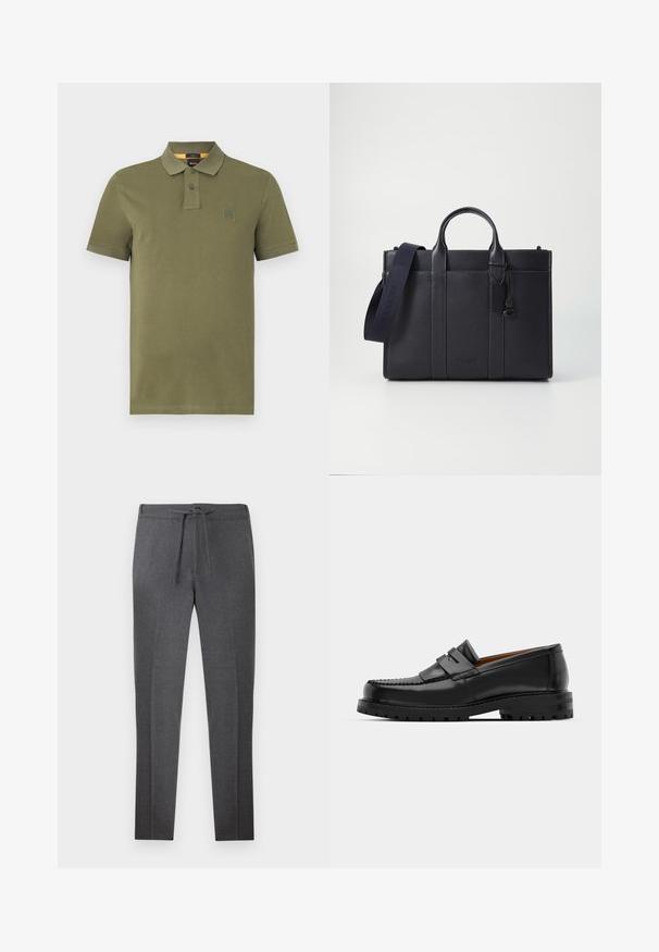 Olivgrön polo t-shirt i bomull, med en treknapps-krage, korta ärmar och en liten logotypepåsmål på bröstet.; Mörkgrå taperade byxor med elastisk midja och dragsko, med subtila veck framtill.; Svarta läderloafers har en upphöjd söm, två dekorativa remmar på ovansidan och en tjock texturerad sula för ökat grepp.; Mörk marinblå läderportfölj med dubbla övre handtag och avtagbar rem. Utmärkt med strukturerad yta, vertikal sömnad och logotypdetalj.