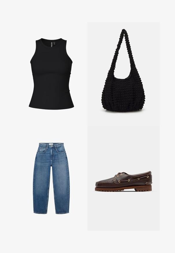Černý žebrovaný top bez rukávů s přiléhavým střihem a kulatým výstřihem. Vyroben z elastického materiálu pro pohodlí.; Džíny z modré denimu s vysokým pasem a rovnými nohavicemi, vybavené pěti kapsami, poutky na opasek a jemným vyblednutím pro přidanou texturu.; Hnědé kožené lodní boty se zlatými očky, kulatými tkaničkami a texturovanou hnědou gumovou podrážkou. Obsahují zašitý detail a vyvýšené logo.; Černá texturovaná látková taška s jedním stočeným popruhem, s nadýchaným tvarem a nařaseným povrchem.