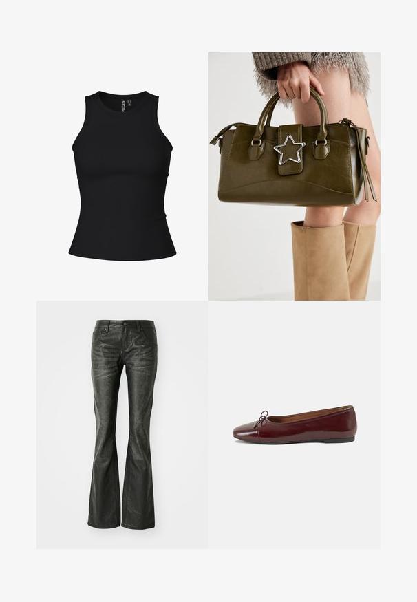 Svart ribbad linne med en figurnära design, rund halsringning och ärmlös klippning. Tillverkat av ett elastiskt material för komfort.; Svarta imitation läder flare jeans med framfickor, metallknappstängning och en lätt strukturerad yta. Raka ben med lång skärning.; Burgunderfärgad lackläderballettskor med rund tå, liten rosettdekoration fram och en låg, svart gummisula. Slät textur.; Olivgrön konstläderhandväska med silverstjärna som accent, dubbla handtag och dragkedjestängning. Texturerad yta och strukturerad form.