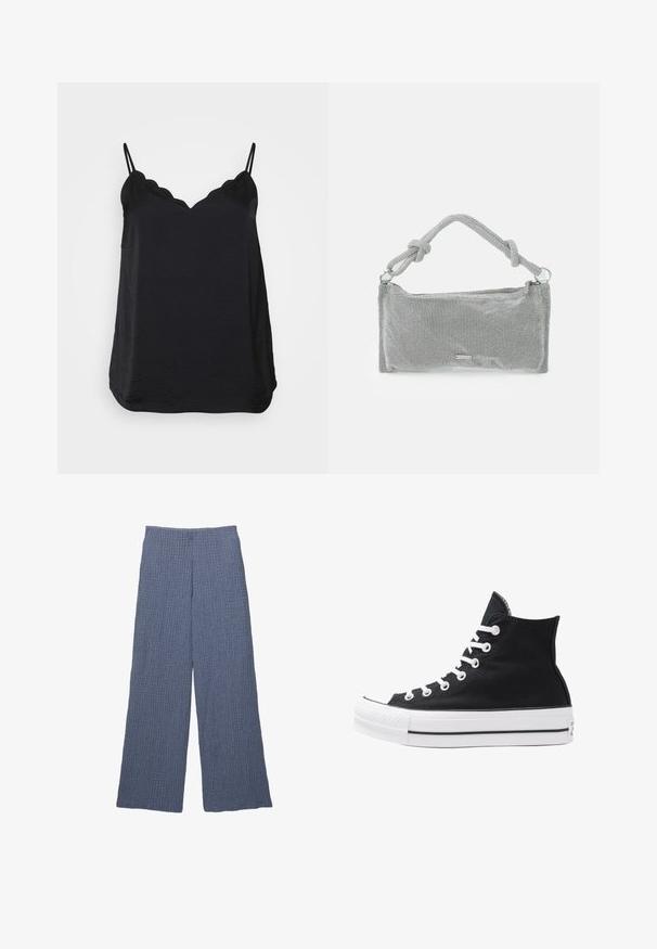 Fekete hálóing vékony, állítható pántokkal, hullámos dekoltázzsal és sima, könnyű anyagból készült. Lazább szabással és ívelt aljjal rendelkezik.; Kék textúrált, bő szárú nadrág ribbelt mintával, magas derékkal és laza szabással, alkalmas mindennapi viseletre.; Fekete vászon magas szárú sneaker, fehér fűzőkkel és gumitalppal. Texturált orr-rész és fekete-fehér csíkos kiegészítők jellemzik.; Ezüst metál hálós kézitáska, csomózott fogantyúval, téglalap alakú, texturált felülettel és cipzáros záródással. Egyszerű, modern dizájn, minimális kiegészítőkkel.