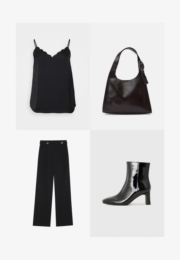 Camisole nera con spalline sottili e regolabili, scollatura a zig-zag e tessuto liscio e leggero. Presenta una silhouette rilassata e un orlo curvo.; Pantaloni neri a gamba larga con vita alta, dettagli con bottoni in vita e pieghe frontali.; Stivaletto in pelle verniciata nera con punta a punta e tacco a blocco di altezza media. Texture liscia e design minimalista.; Borsa a spalla in pelle marrone con una texture liscia, forma arrotondata, ampia tracolla e un accento metallico circolare sul manico.