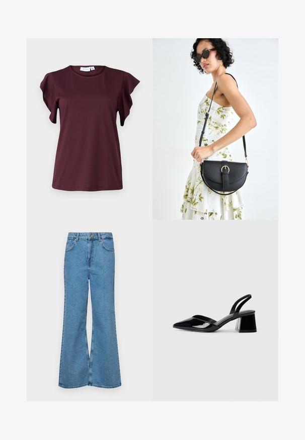 Camisa de manga curta em um tom profundo de burgundy, feita de um tecido suave. Apresenta mangas com babados e um decote redondo. Design simples e casual.; Jeans de brim azuis claros, com corte à boca de sino, apresentando uma cintura alta, cinco bolsos e um fecho de botão único. Textura macia com acabamento desbotado.; Sandy em verniz preto com salto slingback, ponta afilada e salto geométrico. Apresenta um design elegante e minimalista com textura suave.; Bolsa de couro preta com forma curva, alça destacável e detalhes em dourado. A bolsa possui uma aba com detalhe de fivela.