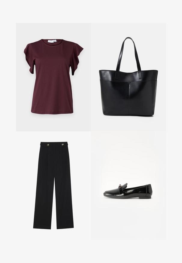Kortærmet skjorte i dyb bordeaux, lavet af glat stof. Har flæseærmer og en rund halsudskæring. Enkelt, afslappet design.; Sorte vide bukser med høj talje, knapdetaljer på taljebåndet og frontfald.; Sort laklæder loafers med flad sål, rund tå og en dekorativ rem med en guld-tonet accent. Glat, blank finish.; Sort læder tote taske med to lange håndtag, en glat tekstur og en struktureret form. Har en forlommem for ekstra opbevaring.