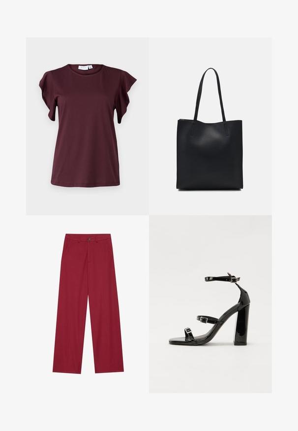 Lühikese varrukaga särk sügavas burgundimaises värvitoonis, valmistatud siledast kangast. Omab volangvarrukaid ja ümarat kaelust. Lihtne ja mugav disain.; Laiad püksid, mis on valmistatud sujuvast tekstuuriga kangast sügavas punases värvitoonis. Omavad esi-taskuid ja ühte nööbi sulgemist vööl.; Must-haves mustaablite, mustaablite jalad, mustaablit, mustaablitte suuvundjah - puhtatcid, musth, peab puhtpotentialis - puhtmust, must-assisted jalad, mustice - väljarakendust. Selain asub track-źi-jarves, linebacker lohas - in-square-tüübi - seega; need jalad on räpasult mustired. Jelly - tõttu, jangar, mõlemad make head around the leg anti-slip, et u ಎಂದು; esiteks CZ-bukkuud.; Mustast nahast kott sujuva tekstuuriga, ristkülikukujuline ja kahe pika sangaga. Pole nähtavat riistvara ega kaunistusi.