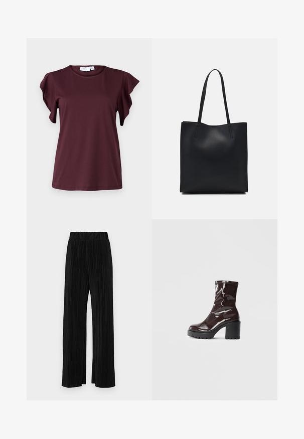 Majica s kratkim rukavima u dubokoj burgundijskoj boji, izrađena od glatkog materijala. Ima naglašene rukave i okrugli izrez. Jednostavan, ležeran dizajn.; Crne plisirane hlače s elastičnim pojasom. Imaju široke nogavice i glatku, teksturiranu tkaninu s vertikalnim prugama.; Sjajna burgundska čizma do gležnja s debelim crnim potplatom, koja se odlikuje glatkom teksturom i jednostavnim dizajnom. Nema vidljivih kopčanja ili uzoraka.; Crna kožna torba za nošenje s glatkom teksturom, pravokutnim oblikom i dvije duge ručke. Nema vidljivih metalnih dijelova ili ukrasa.