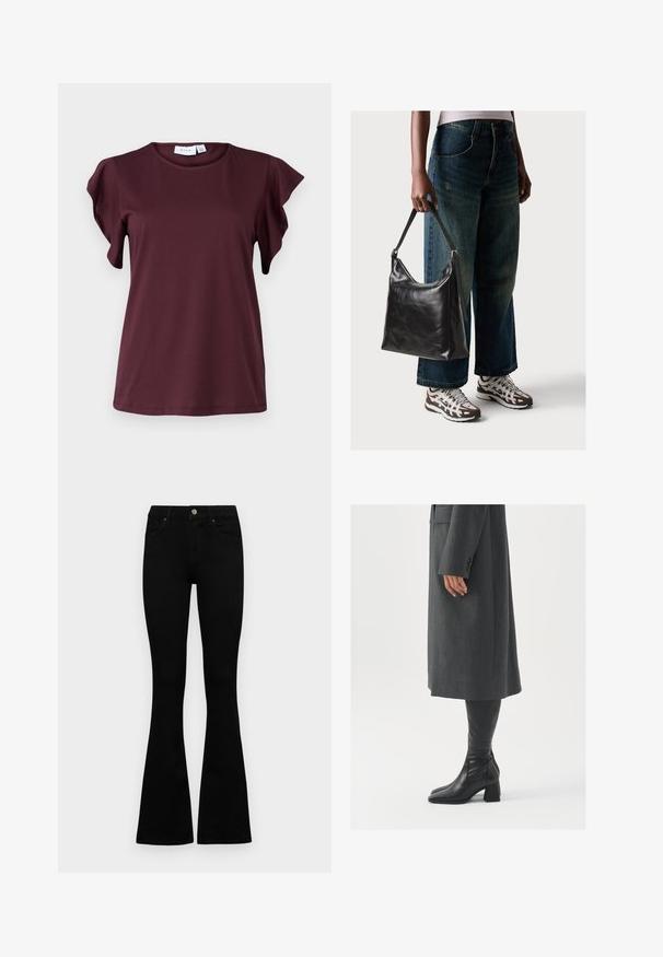 Camisa de manga curta em um tom profundo de burgundy, feita de um tecido suave. Apresenta mangas com babados e um decote redondo. Design simples e casual.; Jeans pretos de cintura alta com fecho de botão e zíper, bolsos frontais e pernas largas dispostos em cima de um fundo branco.; Casaco cinza, ajustado, com corte reto; combinado com botas de couro pretas até ao joelho, com biqueira quadrada e salto grosso.; Bolsa de ombro em couro preto com textura suave e alça ajustável, combinada com jeans de perna larga desbotados e ténis desportivos.