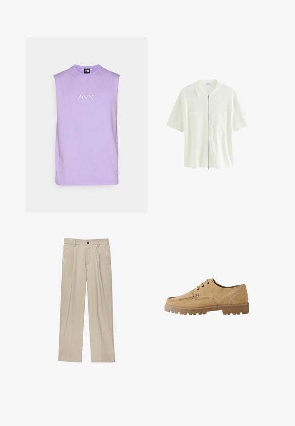 Lila ärmlös t-shirt i mjuk bomullstyg, rund halsringning, med broderad "Los Angeles Lakers"-logotyp i vitt på bröstet.; Kortärmad, vit zip-up skjorta i texturerad tyg, med krage och två framfickor med fyrkantiga lock.; Beiga byxor med rak passform, utrustade med en enda svart knapp, bältesöglor och sidofickor. Slät tygkänsla och minimalistisk design.; Tan mockasinsko med snörning, rund tå, kontrasterande stygn och en tjock gummi sula med mönster för bra grepp.