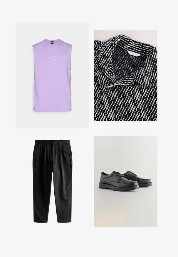 Lila ärmlös t-shirt i mjuk bomullstyg, rund halsringning, med broderad "Los Angeles Lakers"-logotyp i vitt på bröstet.; Svartvit mönstrad jacka med ett strukturerat, vävt tyg. Har en krage och en svart knapp framtill.; Svarta byxor i mjukt tyg, med skräddarsydd passform, främre veck och en klassisk midja med bälteshål.; Svarta läderskor med strukturerad ovandel, rund tå, snörningsdesign och tjocka gummisulor med mönstrad sula.