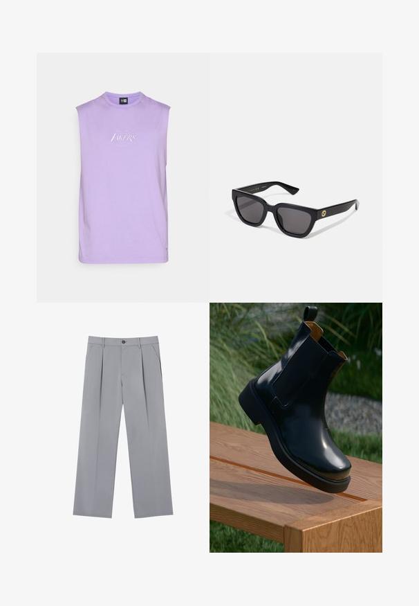 Lila ujjatlan póló, puha pamut anyagból, kerek nyakkivágással, fehér hímzett "Los Angeles Lakers" logóval a mellrészen.; Szürke, lazább fazonú, pliszírozott nadrág, könnyű anyagból készült. Elöl zsebekkel és gombos derékkal rendelkezik.; Fekete bőr Chelsea csizma sima felülettel, elasztikus oldalsó panelekkel, lekerekített orral és vastag gumi talppal, egy fa felület felett elhelyezve.; Fekete, fényes felületű, téglalap alakú napszemüveg sötét lencsékkel, arany színű fémrészekkel a szárakon, amelyeken a logo található.