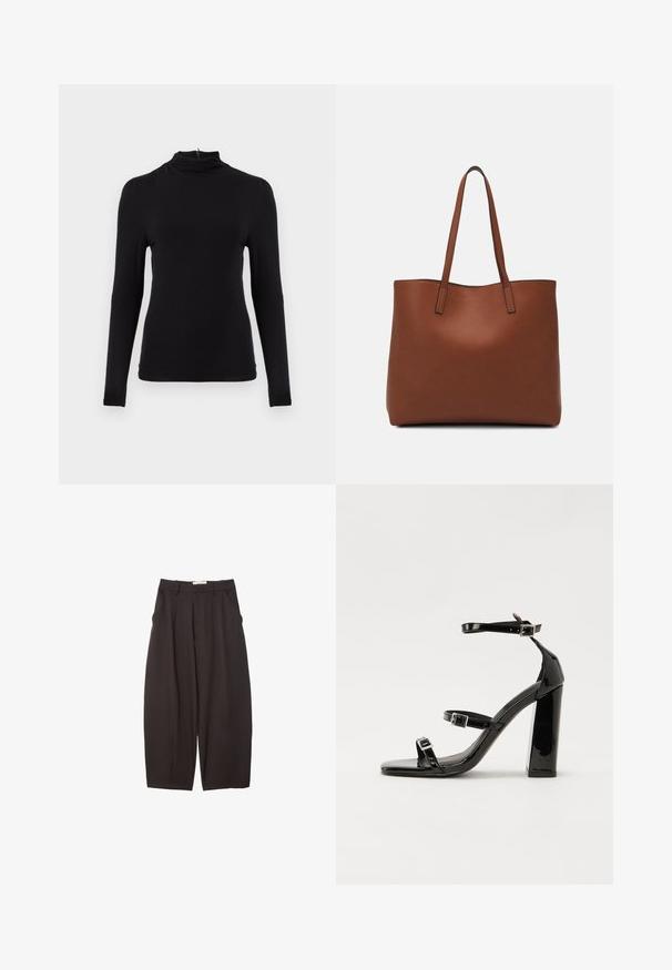 Selected Femme SLFMANJA DRAPEY - Maglietta a manica lunga - black; Pantaloni neri a gamba larga realizzati in un tessuto morbido, con vita alta, pieghe frontali e tasche laterali. Design semplice senza decorazioni.; Sandali con tacco in vernice nera, con punta squadrata, cinturini alla caviglia e fibbie in argento. Presentano un tacco a blocco spesso per maggiore stabilità.; Borsa tote in pelle marrone con texture liscia, design con apertura superiore e due spallacci. Presenta cuciture minime e nessun hardware visibile.