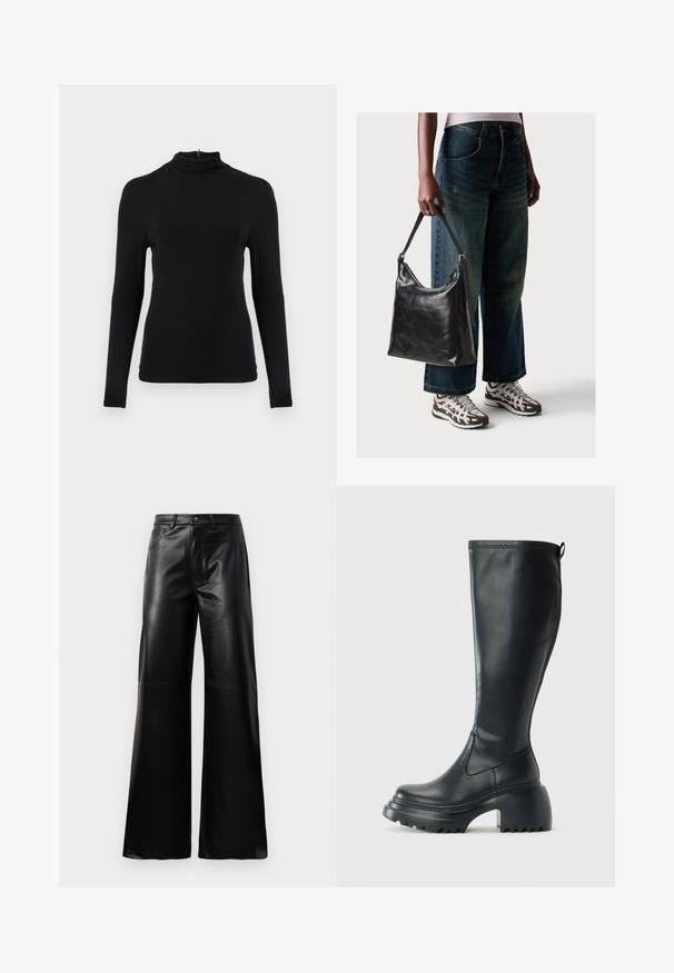 Selected Femme SLFMANJA DRAPEY - Langarmshirt - black; Schwarze leichte, weit geschnittene, hochtaillierte Kunstlederhose mit vorderem Knopf, Reißverschluss, Gürtelschlaufen und Seitentaschen auf weißem Hintergrund.; Hoher schwarzer Lederstiefel mit einer robusten Plateausohle und Blockabsatz, der über eine Zuglasche und ein strukturiertes Profil an der Außensohle verfügt.; Schwarze Leder-Schultertasche mit glatter Textur und verstellbarem Riemen, kombiniert mit ausgewaschenen weit geschnittenen Jeans und sportlichen Sneakern.