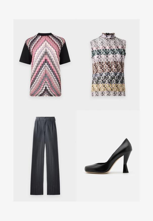 Camisa de manga corta con un patrón multicolor de zigzag en rosa, negro y crema, con mangas negras y un escote redondeado.; Top sin mangas con un alto cuello con volantes, que presenta rayas horizontales de encaje floral multicolor en tonos rosa, verde, marrón y amarillo.; Pantalones de pierna ancha en tejido gris oscuro con un patrón de espiga, cintura elástica y textura suave, diseñados para la comodidad y versatilidad.; Zapato de tacón alto de cuero negro con puntera cuadrada y un tacón negro brillante de forma única. Textura suave y diseño sencillo.