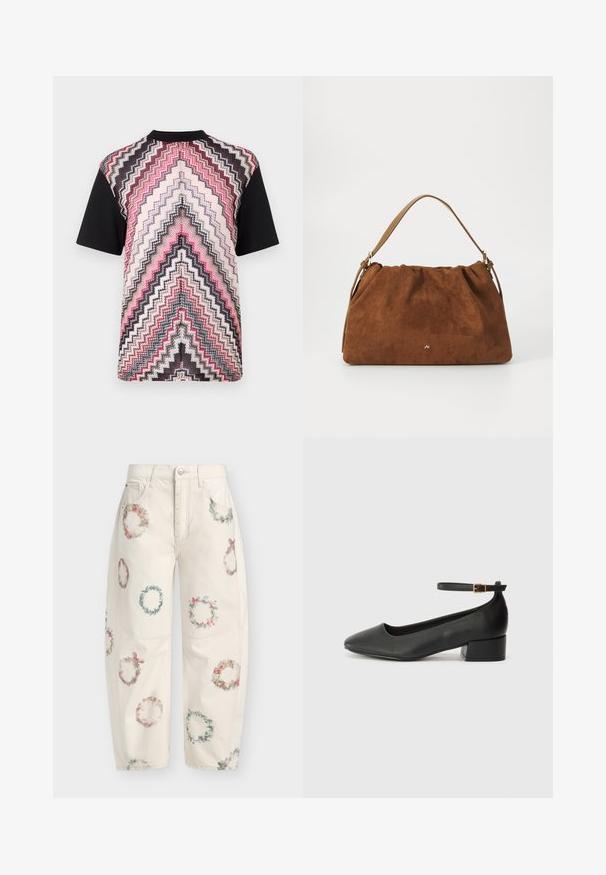 Kortermet skjorte med et flerfarget sikksakkmønster i rosa, svart og krem, med svarte ermer og rund hals.; Kremfargede bukser med blomsterkransdesign i ulike farger, laget av bomull, med avslappet passform og femlommers styling.; Sorte skinnpumper med spiss tå og lav blokkhelt. Har ankelrem med gullfarget spenne. Glatt tekstur.; Brun semsket håndveske med en samlet design, som har en enkelt tan lærrem og en subtil gull logo detalj på forsiden.