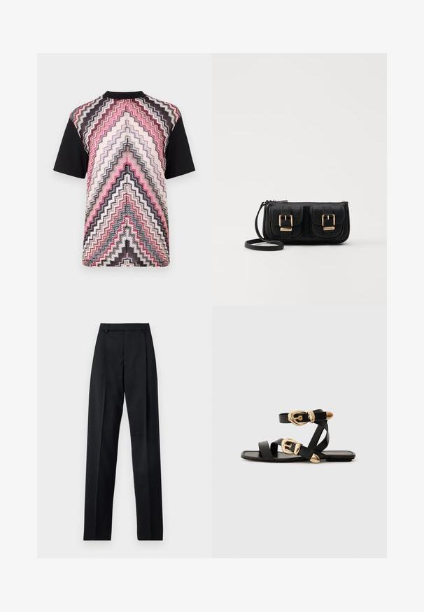 Kortärmad skjorta med ett flerfärgat zick-zack-mönster i rosa, svart och krämfärgad, med svarta ärmar och rund halsringning.; Svarta byxor i mjukt tyg med hög midja, vida ben, framfickor och klassiska bältesöglor. Inga sidofickor synliga.; Svarta lädersandaler med guldspännen, med flera remmar och platt såldesign för öppna tår.; Svart läderaxelväska med två framfickor, guldspännen, dragkedjestängning och en smal rem. Texturerad yta och kompakt rektangulär form.