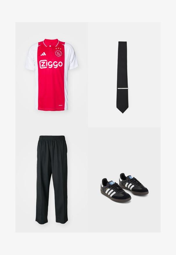 Maillot de football rouge et blanc avec un col, présentant un design en zigzag et le logo "Ziggo" affiché en blanc. Trois étoiles dorées au-dessus du logo.; Pantalons de sport noirs avec une taille élastique, fabriqués en tissu lisse, présentant des coutures latérales discrètes et une coupe décontractée, avec un design à jambes droites.; Des baskets noires avec une tige en suède et en matériaux synthétiques, dotées de trois rayures blanches, d'une semelle en caoutchouc texturé et d'une étiquette de logo bleue sur la languette.; Noeud papillon en tissu lisse, de largeur étroite et orné d'une pince à cravate en argent qui souligne son design.