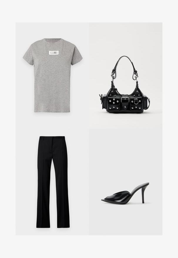 Pelēks kokvilnas T-krekls ar īsām piedurknēm un apaļu izgriezumu. Uz krūtīm ir balta taisnstūra grafika ar skaitļu rakstiem.; Melni taisni bikses gludā audumā, ar plakanu priekšpusi, jostas cilpām un bez redzamām kabatām vai rotājumiem.; Melnas ādas augstpapēžu mūlas ar atvērtu purngalu, vērptu dizainu, gludu tekstūru un šauru stilletu papēdi.; Melnas ādas rokturmais ar izliekumu, ar sudraba iedurtiem, sprādzi un divām sānu kabatām. Regulējams siksniņas garums dažādām nēsāšanas iespējām.