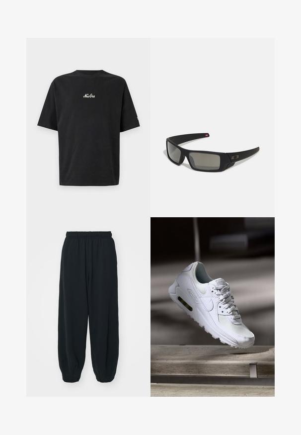 Black cotton t-shirt with short sleeves, featuring a small white "New Era" logo embroidered on the chest and a round neckline.; Black, elasticated-waist sweatpants with a loose fit, cuffed ankles, smooth texture, and no visible patterns or hardware accents.; White Nike Air Max 90 sneaker featuring a mesh and leather upper, perforated toe box, and a visible air unit in the heel.; Black sunglasses with a matte finish, rectangular lenses, slight curve on temples, subtle logo detail, and smoke-tinted lenses.